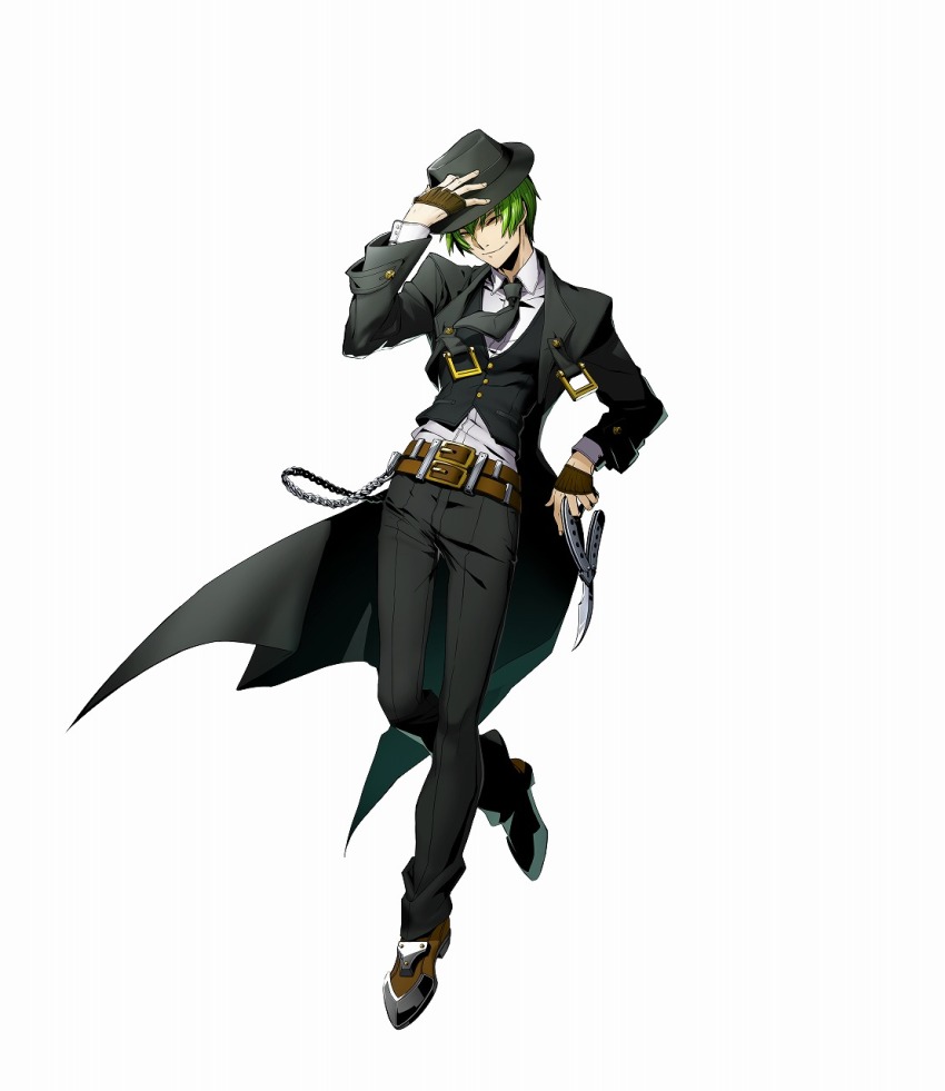 1boy blazblue blazblue:_cross_tag_battle fedora green_hair hat hazama highres higuchi_konomi male_focus official_art one_eye_closed solo