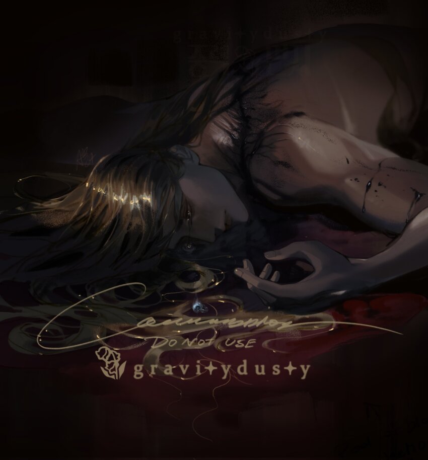 1boy artist_name assassination black_blood black_tears blonde_hair blood corpse crack cracked_skin death elden_ring godwyn_the_golden gravitydusty highres jewelry long_hair prince ring rune rune_of_death tears topless_male watermark yellow_eyes