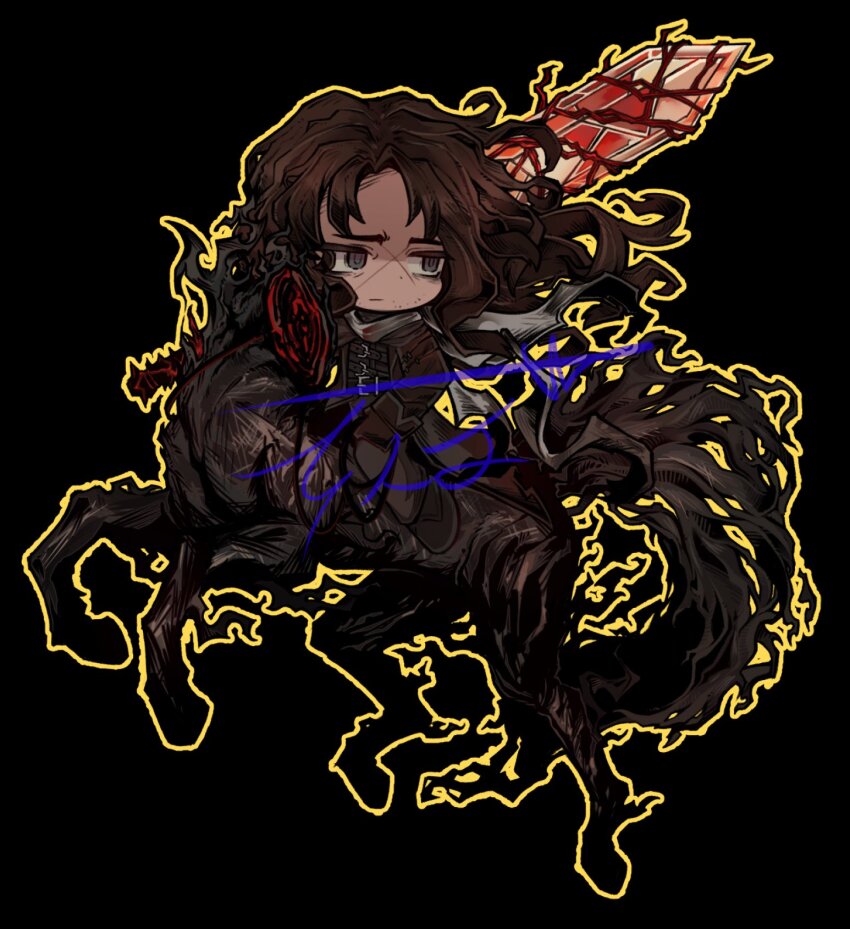 1boy black_background brown_coat brown_eyes brown_hair coat erlking_heathcliff_(project_moon) headless highres holding holding_sword holding_weapon horse horseback_riding limbus_company long_sleeves male_focus parted_bangs project_moon riding scarf simple_background solo sword wavy_hair weapon white_scarf zeremi0102