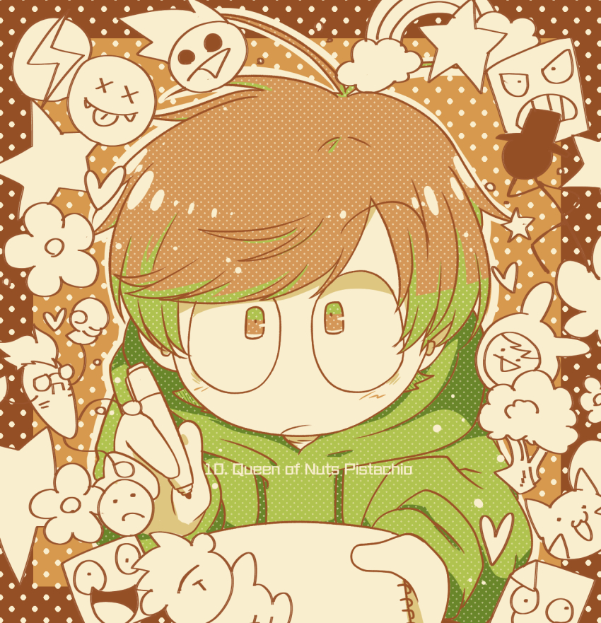 1boy antenna_hair border brown_background brown_border brown_eyes brown_hair closed_mouth cloud commentary_request drawstring edd_(eddsworld) eddsworld flower green_eyes green_hoodie halftone heart highres holding holding_pen holding_sketchbook hood hood_down hoodie limited_palette long_sleeves looking_at_viewer male_focus multicolored_eyes outline pen polka_dot polka_dot_background puffy_long_sleeves puffy_sleeves reon_(02779) ringo_(eddsworld) short_hair simple_background sketchbook solo star_(symbol) stick_figure straight-on tom_(eddsworld) tree two-tone_eyes upper_body white_outline x_x