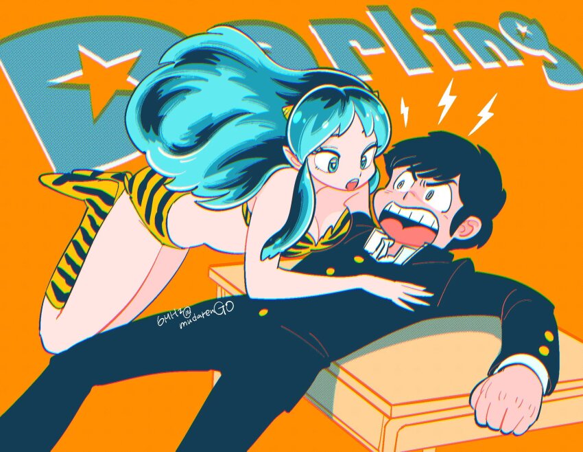 1boy 1girl angry animal_print aqua_eyes aqua_hair artist_name assertive_female bare_arms bare_shoulders bikini black_hair black_jacket black_pants breasts cleavage clenched_hand collared_shirt couple furrowed_brow gakuran hand_on_another&#039;s_chest hetero highres horns jacket long_hair lum medium_breasts midriff moroboshi_ataru muda_rengou_to_ziggy_stardust open_mouth orange_background pants pointy_ears print_bikini print_boots school_uniform shirt short_hair shouting sideburns sidelocks swimsuit tiger_print urusei_yatsura white_shirt