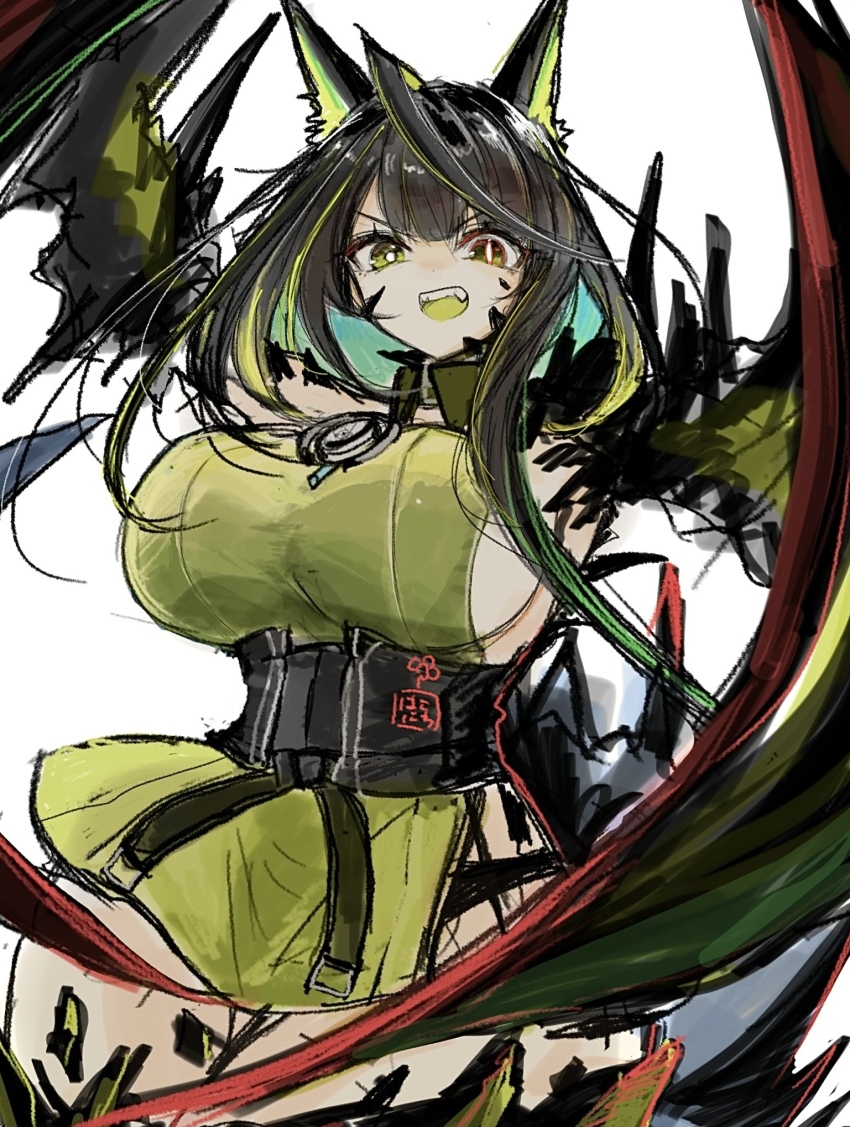 1girl ahoge animal_ears aqua_hair arknights black_hair breasts bright_pupils colored_mouth commentary_request green_eyes green_hair hakoniwashinshi highres huge_ahoge large_breasts long_hair material_growth mismatched_pupils mon3tr_(arknights) multicolored_hair open_mouth oripathy_lesion_(arknights) personification sideboob simple_background slit_pupils solo underbust white_background white_pupils