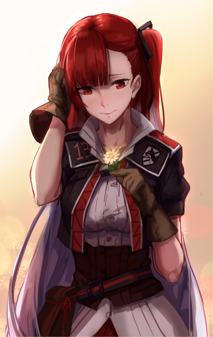 00s 10s 1girl adjusting_hair blush breasts female_focus flower gloves hair_ribbon hfpuff5ekubiao hfp~kubiao highres jacket large_breasts long_hair military military_uniform multicolored_hair pouch red_eyes red_hair ribbon riela_marcellis senjou_no_valkyria senjou_no_valkyria_(series) senjou_no_valkyria_3 side_ponytail solo two-tone_hair upper_body very_long_hair white_hair