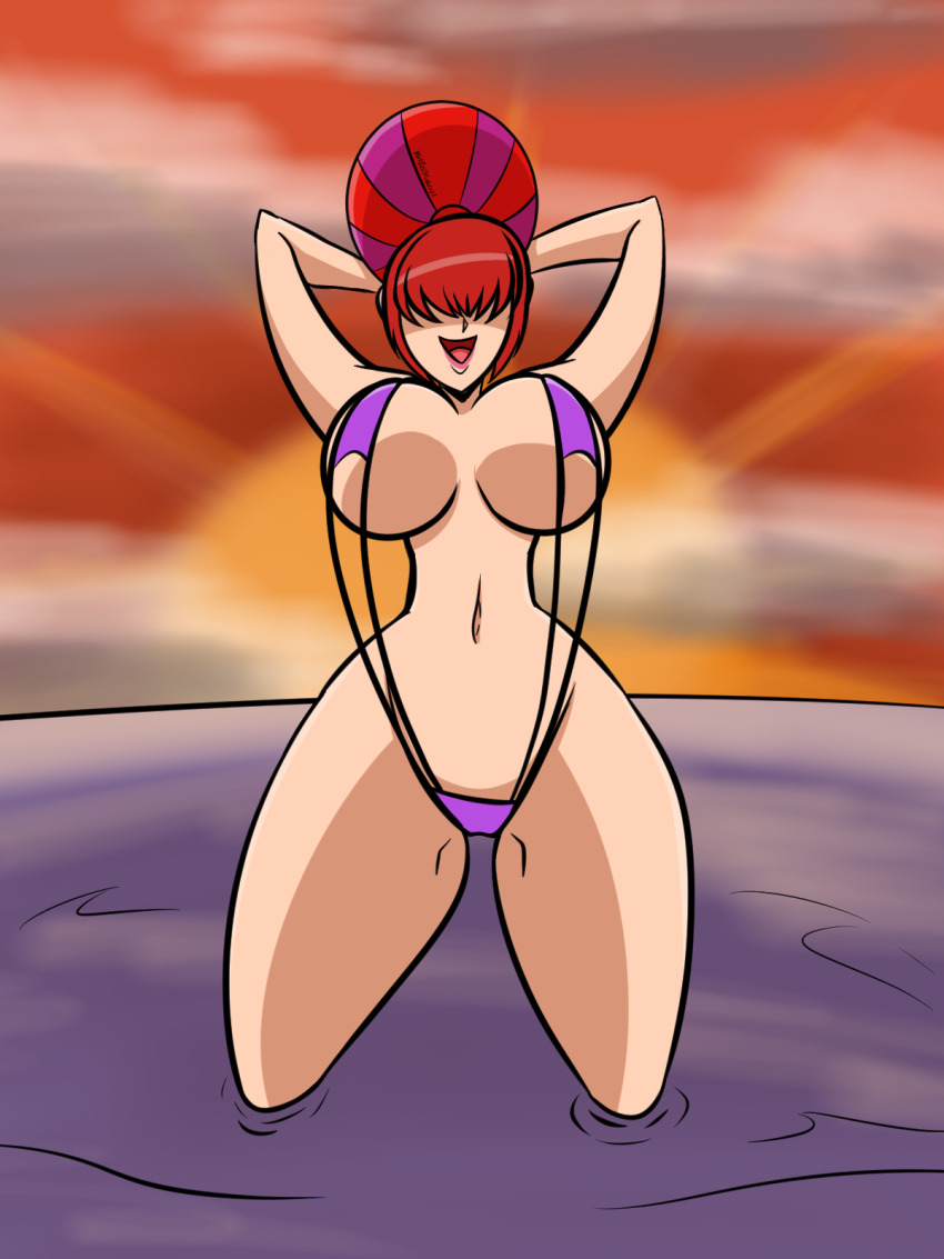 1girl ball beachball bikini breasts curvy female_focus hands_up highres huge_breasts large_breasts long_hair looking_at_viewer ocean one-piece_swimsuit open_mouth outdoors pale_skin playing purple_bikini red_hair shermie_(kof) sideboob sky smile smiley_face sun swimsuit the_king_of_fighters thick_thighs thighs underboob water wet wide_hips yinseiryu