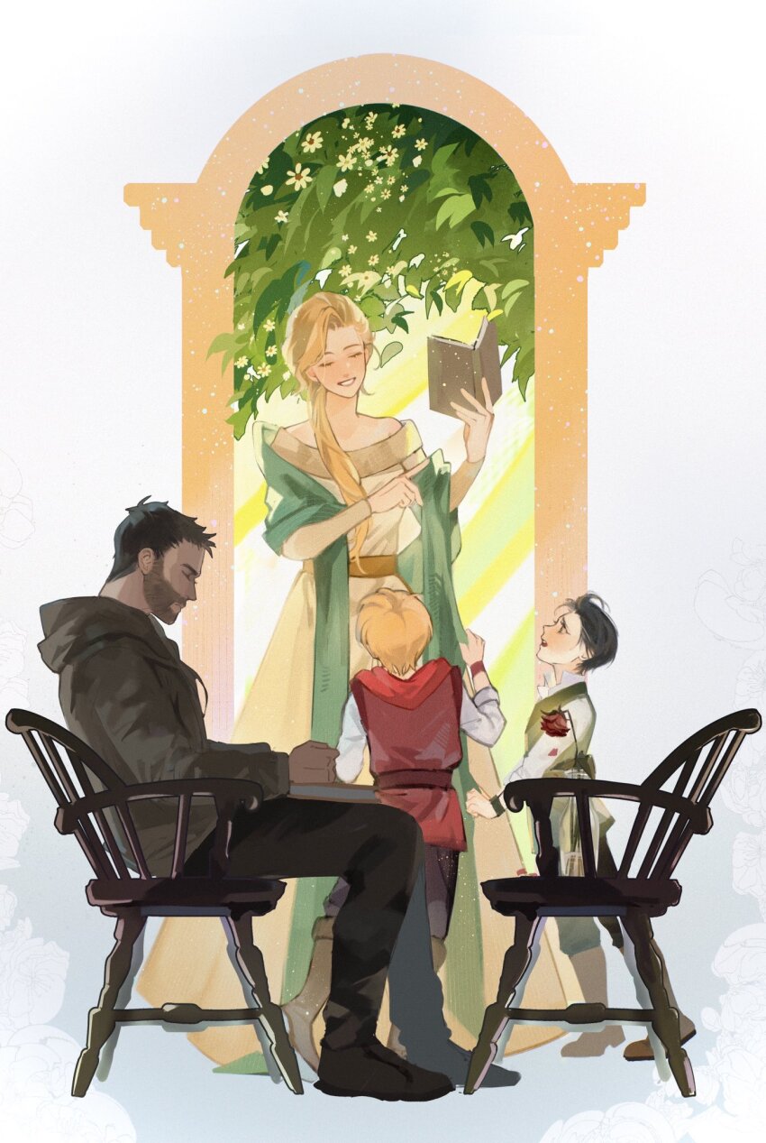 1girl 3boys aged_down avengers:_endgame avengers_(series) back baggy_pants bare_shoulders beard belt black_hair black_pants blonde_hair blush book boots brothers brown_belt brown_footwear brown_hair brown_pants cape chair child clenched_hand closed_eyes closed_mouth dress facial_hair frigga_(marvel) full_body gold_belt green_cape green_eyes green_pants green_vest grey_hoodie hands_up highres holding holding_book hood hoodie leaf loki_(marvel) long_hair long_sleeves low_ponytail marvel marvel_cinematic_universe mother_and_son multiple_boys off-shoulder_dress off_shoulder on_chair open_book open_mouth pants ponytail red_vest rileyli8 shirt short_hair short_sleeves siblings sitting smile standing sunlight table teeth thor_(marvel) vest white_shirt wristband yellow_dress