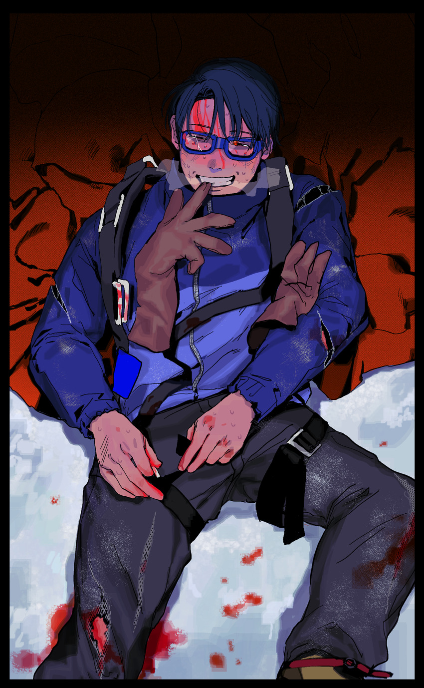 1boy backpack bag black_border black_eyes bleeding blood blood_from_forehead blood_on_snow blue_jacket border breath broken_eyewear brown_gloves commentary_request curtained_hair foot_out_of_frame glasses gloves grin harness highres jacket kyouki_sanmyaku_~jashin_no_itadaki~ long_sleeves looking_at_viewer lying male_focus mouth_hold napoli_no_otokotachi on_back paguraisu pants scratches shiumi_saburou shoes short_hair smile snow solo teeth_hold torn_clothes torn_pants untying unworn_gloves yellow_shoes zipper