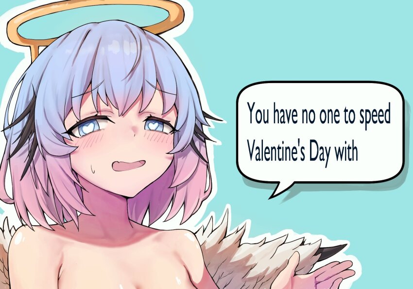 1girl bare_shoulders black_souls black_souls_2 black_wings blue_background blue_eyes blue_hair blush cleavage_cutout clothing_cutout english_text fake_halo fang feathered_wings furrowed_brow gradient_hair hair_over_eyes halo hand_up head_wings heart heart-shaped_pupils highres lingeriena_(black_souls) looking_at_viewer multicolored_hair nose open_mouth outline pink_hair sidelocks skin_fang smile solo speech_bubble sweatdrop symbol-shaped_pupils white_outline white_wings wings wrangelina yellow_halo