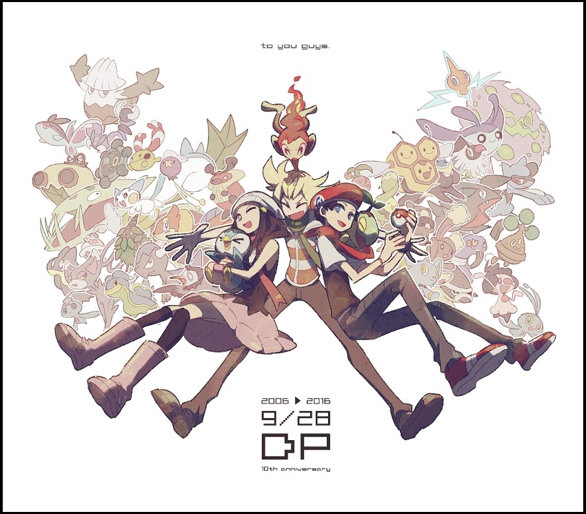 1girl 2boys anniversary barry_(pokemon) beanie bidoof black_hair blonde_hair blue_eyes bonsly boots bronzor budew buizel buneary burmy burmy_(plant) carnivine chatot cherubi chingling closed_eyes combee copyright_name cranidos croagunk dated dawn_(pokemon) domu_(hamadura) drifloon english_text finneon gen_4_pokemon gen_6_pokemon gible glameow happiny hat highres hippopotas hippopotas_(male) holding holding_poke_ball kricketot legendary_pokemon long_hair lucas_(pokemon) manaphy mantyke mime_jr. multiple_boys munchlax mythical_pokemon nintendo on_head one_eye_closed pancham phione pink_boots piplup poke_ball poke_ball_(basic) pokemon pokemon_(creature) pokemon_dppt pokemon_on_head riolu rotom rotom_(normal) scarf shellos shellos_(east) shieldon shinx shirt shoes skorupi sneakers snover spiritomb starly starter_pokemon_trio striped_clothes striped_shirt stunky turtwig