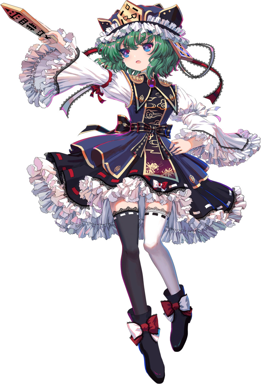 1girl absurdres adapted_costume asymmetrical_legwear black_boots black_ribbon black_skirt blue_dress blue_eyes blue_hat boots cloud_print dress floral_print flower footwear_ribbon frilled_hat frilled_skirt frills full_body game_cg green_hair hat highres holding juliet_sleeves kumio lace lace-trimmed_legwear lace-trimmed_sleeves lace-trimmed_thighhighs lace_trim long_sleeves medium_hair mismatched_legwear multicolored_ribbon non-web_source puffy_sleeves red_ribbon ribbon rod_of_remorse shiki_eiki shirt skirt solo spider_lily spider_lily_print tachi-e thighhighs touhou touhou_blooming_chaos white_ribbon white_shirt white_sleeves white_thighhighs wide_sleeves zettai_ryouiki