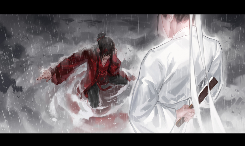 2boys absurdres arm_behind_back black_hair black_nails black_pants blood blood_in_water blood_on_clothes blood_on_face chinese_clothes chinese_commentary coat crying dao_gui_yi_xian facing_another folded_fan folding_fan from_above hair_bun hair_ribbon half_updo hand_fan hand_on_own_head hanfu highres holding holding_fan kneeling letterboxed li_huowang long_sleeves male_focus multiple_boys nail_polish omigawakurotai outstretched_arm pants partially_submerged pointing rain red_coat red_hanfu red_ribbon red_sash ribbon sash scar scar_on_chest scar_on_hand single_hair_bun sitting updo wariza water wet wet_clothes wet_hair white_hanfu white_ribbon yaoi zhuge_yuan