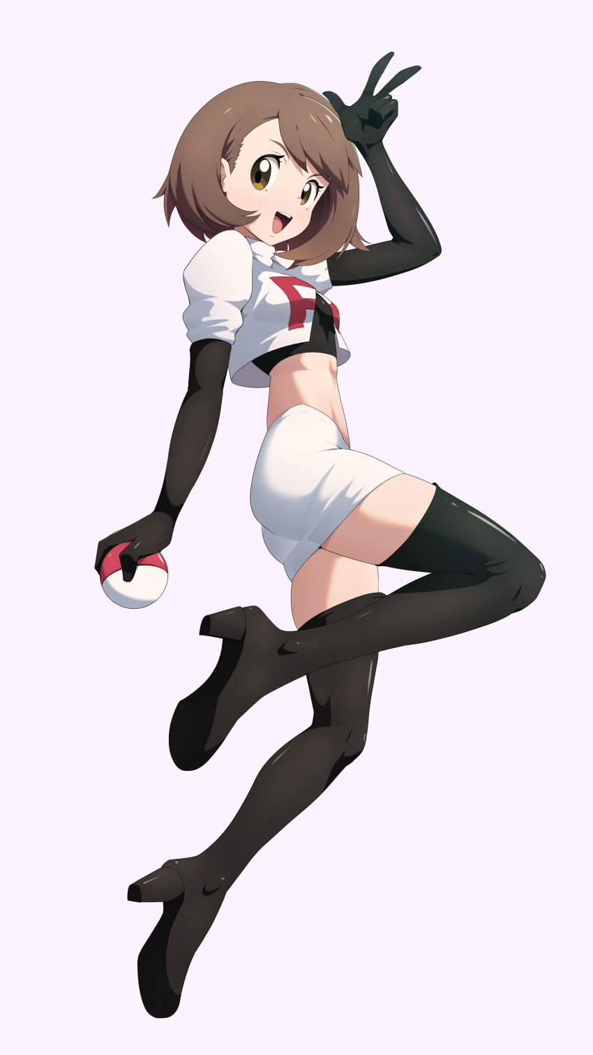 1girl :d absurdres arm_up black_boots black_gloves black_shirt boots brown_eyes brown_hair commentary cosplay cropped_jacket elbow_gloves full_body gloria_(pokemon) gloves highres holding holding_poke_ball jacket jessie_(pokemon) jessie_(pokemon)_(cosplay) logo nintendo oni-sanart open_mouth poke_ball poke_ball_(basic) pokemon pokemon_swsh shirt short_hair simple_background skirt smile solo team_rocket team_rocket_uniform thigh_boots w white_background white_jacket white_skirt