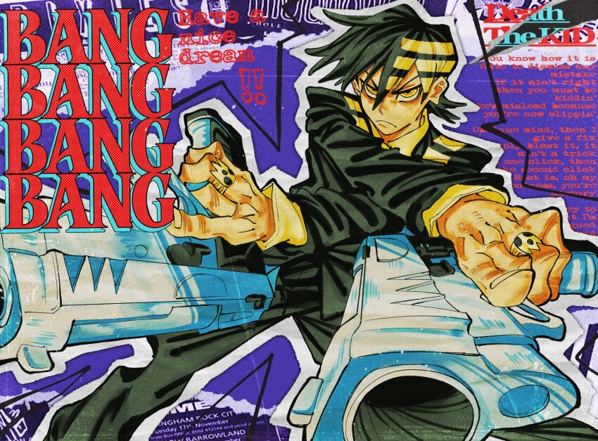 1boy black_hair black_jacket black_pants black_suit character_name death_the_kid dual_wielding english_text feet_out_of_frame fighting_stance formal_clothes frown furrowed_brow gun hair_between_eyes handgun highres holding holding_gun holding_weapon jacket m3ll0_cm male_focus pants short_hair skull_ring solo soul_eater striped_hair suit suit_jacket weapon white_hair yellow_eyes