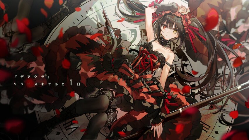 1girl antique_firearm black_hair breasts chocoan date_a_live detached_sleeves dress falling_petals firearm firelock flintlock frilled_dress frills gun heterochromia looking_at_viewer lying medium_breasts petals red_dress roman_numeral solo tokisaki_kurumi twintails two-tone_dress weapon