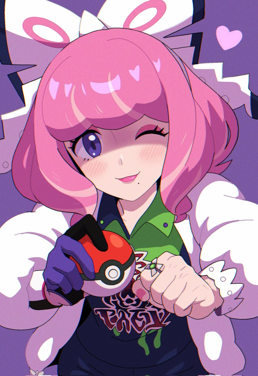 1girl bracelet collared_shirt commentary dynamax_band eyelashes eyeshadow gloves happy heart highres holding holding_poke_ball jacket jewelry klara_(pokemon) leaning_forward looking_at_viewer makeup mole mole_under_mouth nail_polish nakikot_t nintendo open_clothes open_jacket pink_eyeshadow pink_hair pink_nails poke_ball poke_ball_(basic) pokemon pokemon_swsh ring shirt single_glove smile solo symbol-only_commentary white_jacket