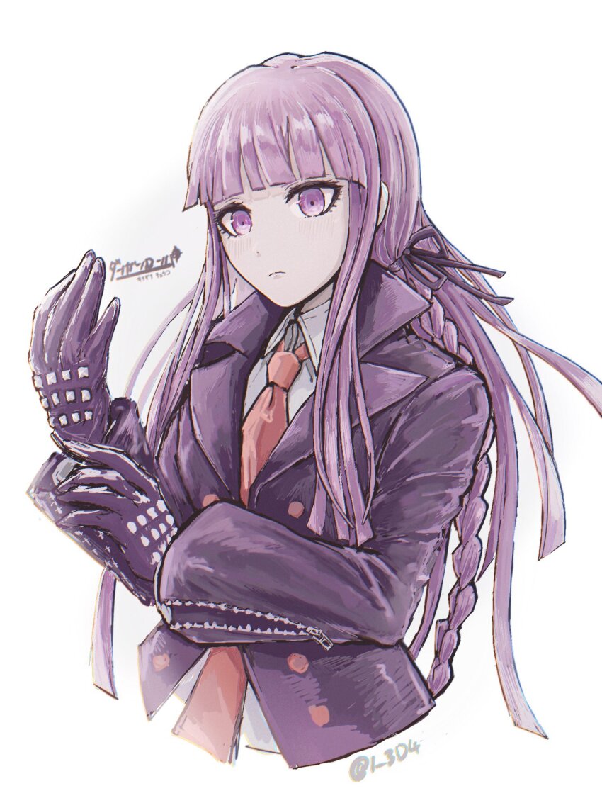 1_3d4 1girl black_gloves black_ribbon braid collared_shirt danganronpa:_trigger_happy_havoc danganronpa_(series) gloves hair_ribbon highres jacket kirigiri_kyoko long_hair long_sleeves looking_at_viewer necktie open_clothes open_jacket pink_eyes pink_hair ribbon shirt side_braid simple_background solo white_background white_shirt