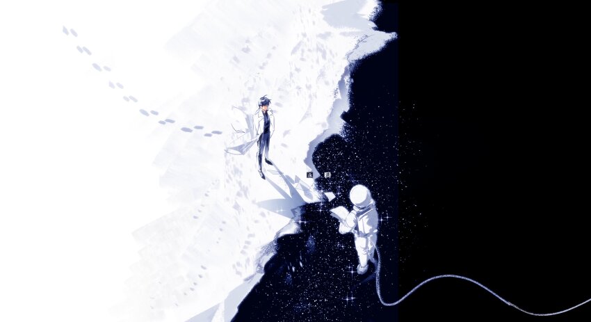 2boys absurdres astronaut black_hair black_shirt coat faceless footprints from_above full_body helmet highres kim_dokja lantercat looking_at_another male_focus multiple_boys omniscient_reader&#039;s_viewpoint on_ground paper shadow shirt sitting sky snow space space_helmet star_(sky) starry_sky tether torn_paper walking white_coat yoo_joonghyuk