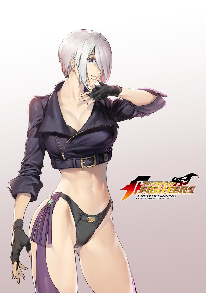 abs angel_(kof) azuma_kyoutarou_(artist) bikini bikini_bottom_only black_bikini blue_eyes breasts check_commentary cleavage commentary_request cropped_jacket gloves hair_over_one_eye highres hip_focus large_breasts legs logo looking_at_viewer midriff official_art pants short_hair sidelocks snk solo swimsuit the_king_of_fighters the_king_of_fighters:_a_new_beginning the_king_of_fighters_xiv toned