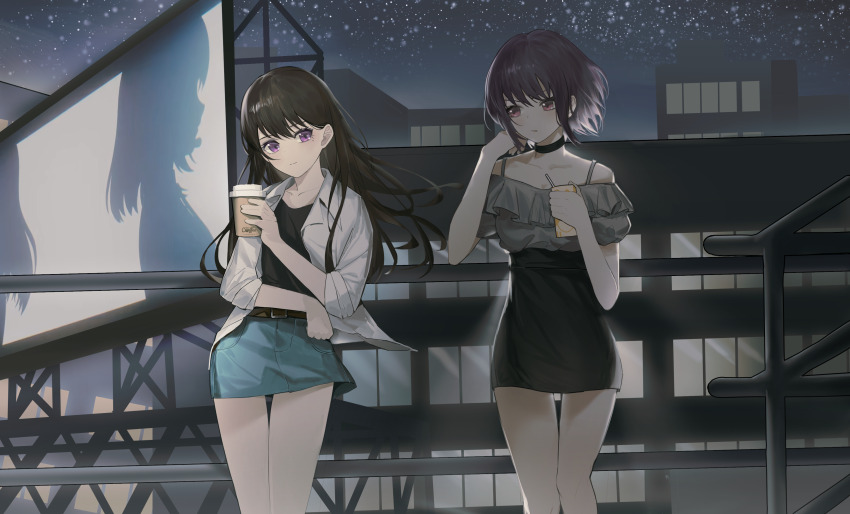2girls absurdres anli_(jwcpp4sum0mgk5r) bang_dream! bang_dream!_it&#039;s_mygo!!!!! belt black_choker black_hair black_shirt black_skirt blue_skirt brown_belt chinese_commentary choker commentary_request cup disposable_cup frilled_shirt frills grey_shirt highres holding holding_carton holding_cup instrument_connection jacket long_hair misumi_uika mole mole_under_eye multiple_girls night off-shoulder_shirt off_shoulder open_mouth outdoors pink_eyes purple_eyes purple_hair shiina_taki shirt short_hair skirt sumimi_(bang_dream!) sumita_mana white_jacket yuutenji_nyamu