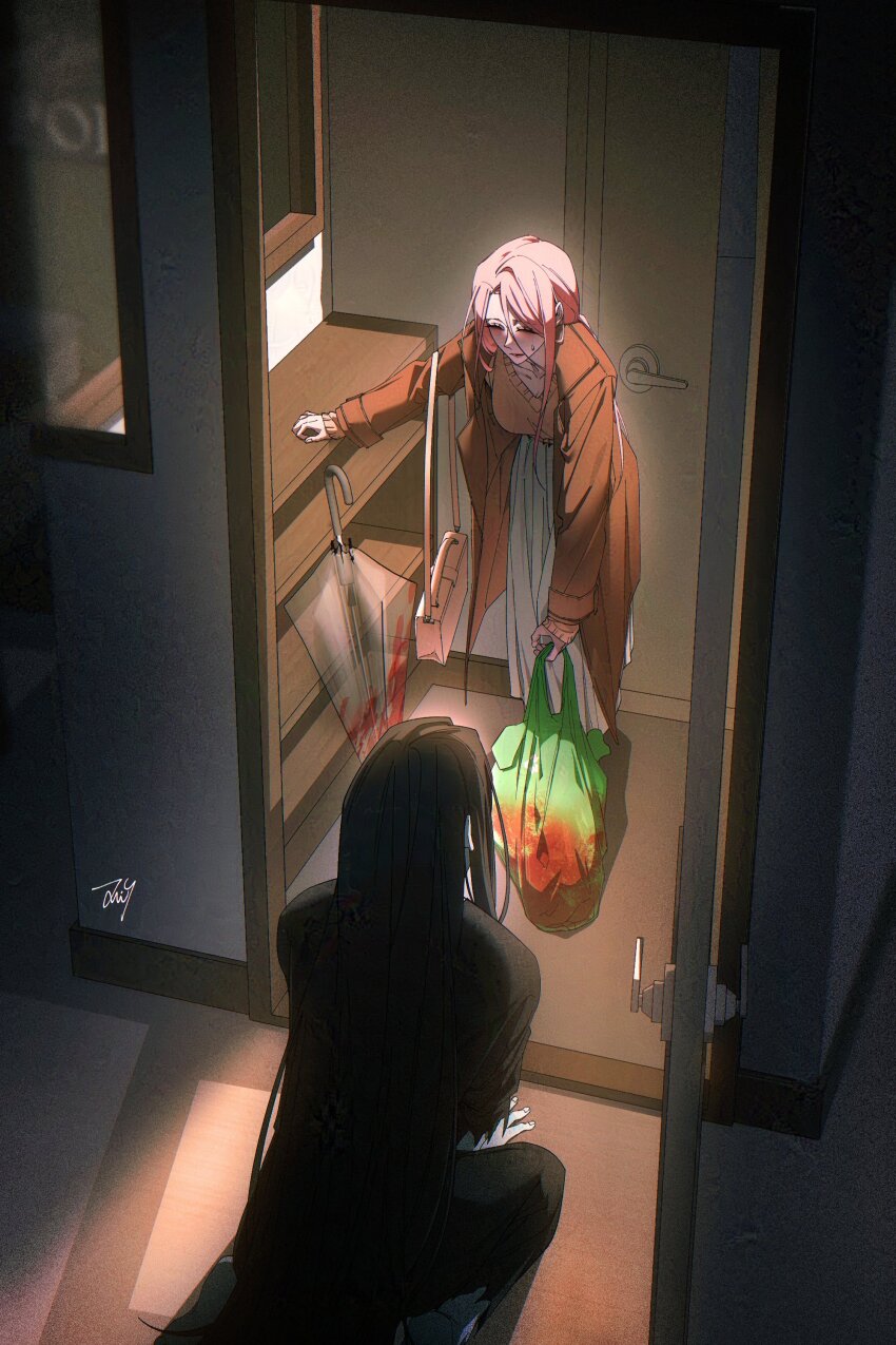 1boy 1girl absurdres bag bbabbamis2 black_hair black_kimono brown_coat brown_sweater closed_eyes coat commentary_request door doorway heroine_(homicipher) highres holding holding_bag homicipher implied_murder indoors japanese_clothes kimono korean_commentary long_hair mr._crawling pink_hair skirt standing sweater umbrella very_long_hair