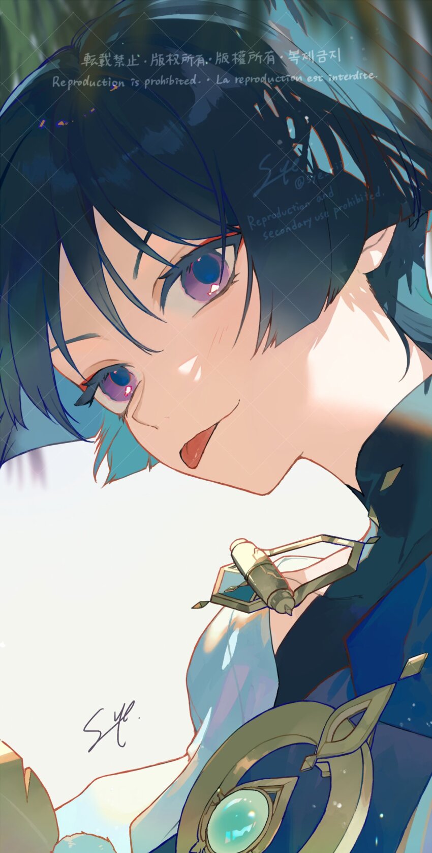 1boy aqua_hair black_bodysuit black_hair blunt_ends bodysuit covered_collarbone eyeliner eyeshadow feathers genshin_impact gold hair_between_eyes highres japanese_clothes kimono light_blush looking_at_viewer makeup male_focus mandarin_collar multicolored_hair open_clothes open_kimono pom_pom_(clothes) purple_eyes red_eyeliner red_eyeshadow scaramouche_(genshin_impact) shoulder_peek signature solo syerii tongue tongue_out twitter_username two-tone_hair upper_body vision_(genshin_impact) wanderer_(genshin_impact) watermark white_kimono