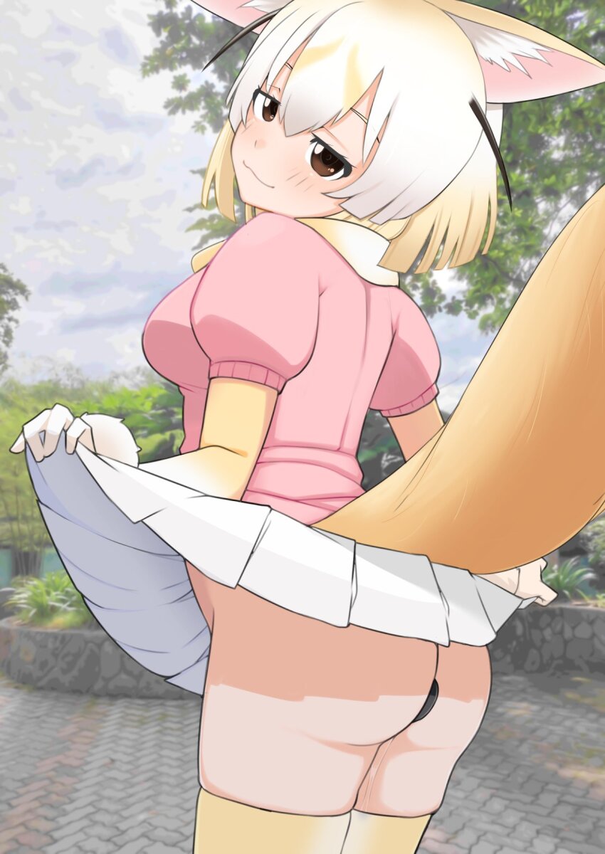 1girl anal anal_object_insertion animal_ear_fluff animal_ears ass blonde_hair blush breasts brown_eyes butt_plug cardigan closed_mouth commentary_request cowboy_shot curtsey fennec_(kemono_friends) fox_ears fox_girl fox_tail gloves highres illu_(illu_stratos) kemono_friends looking_at_viewer looking_back medium_breasts miniskirt no_panties object_insertion photo_background pink_cardigan pleated_skirt sex_toy short_hair short_sleeves skindentation skirt smile solo tail thighhighs white_gloves yellow_thighhighs