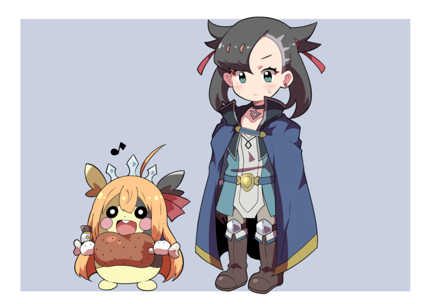 1girl ahoge asymmetrical_bangs black_hair blue_cape blush boots brown_footwear cape closed_mouth commentary_request cosplay crossdressing earrings eyelashes food gen_8_pokemon green_eyes hair_ribbon holding jewelry maks_(makusu_210) marnie_(pokemon) meat morpeko morpeko_(full) nintendo orange_hair pecorine pecorine_(cosplay) pecorine_(princess_connect!) pokemon pokemon_swsh princess_connect! red_ribbon ribbon sweatdrop wig yuuki_(princess_connect!) yuuki_(princess_connect!)_(cosplay)