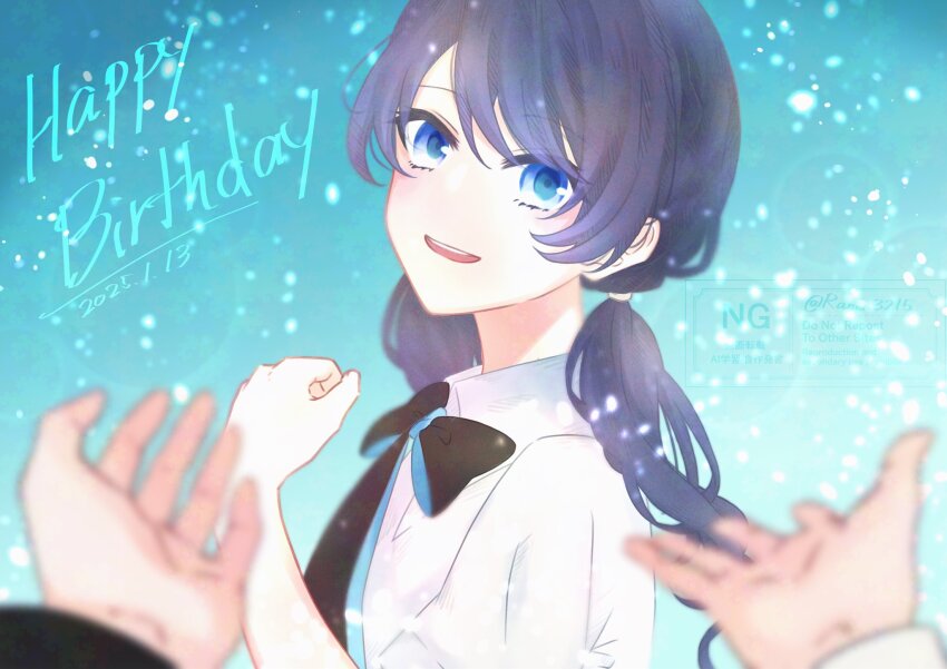 1girl :d adversarial_noise black_bow black_bowtie blue_eyes blue_hair bow bowtie casual collared_shirt commentary_request dated dress_shirt happy_birthday highres link!_like!_love_live! long_hair looking_at_viewer love_live! low_twintails murano_sayaka murano_sayaka_(summer_casual) official_alternate_costume open_mouth pov pov_hands ranmaro shirt smile solo_focus swept_bangs teeth twintails upper_body upper_teeth_only virtual_youtuber watermark white_shirt