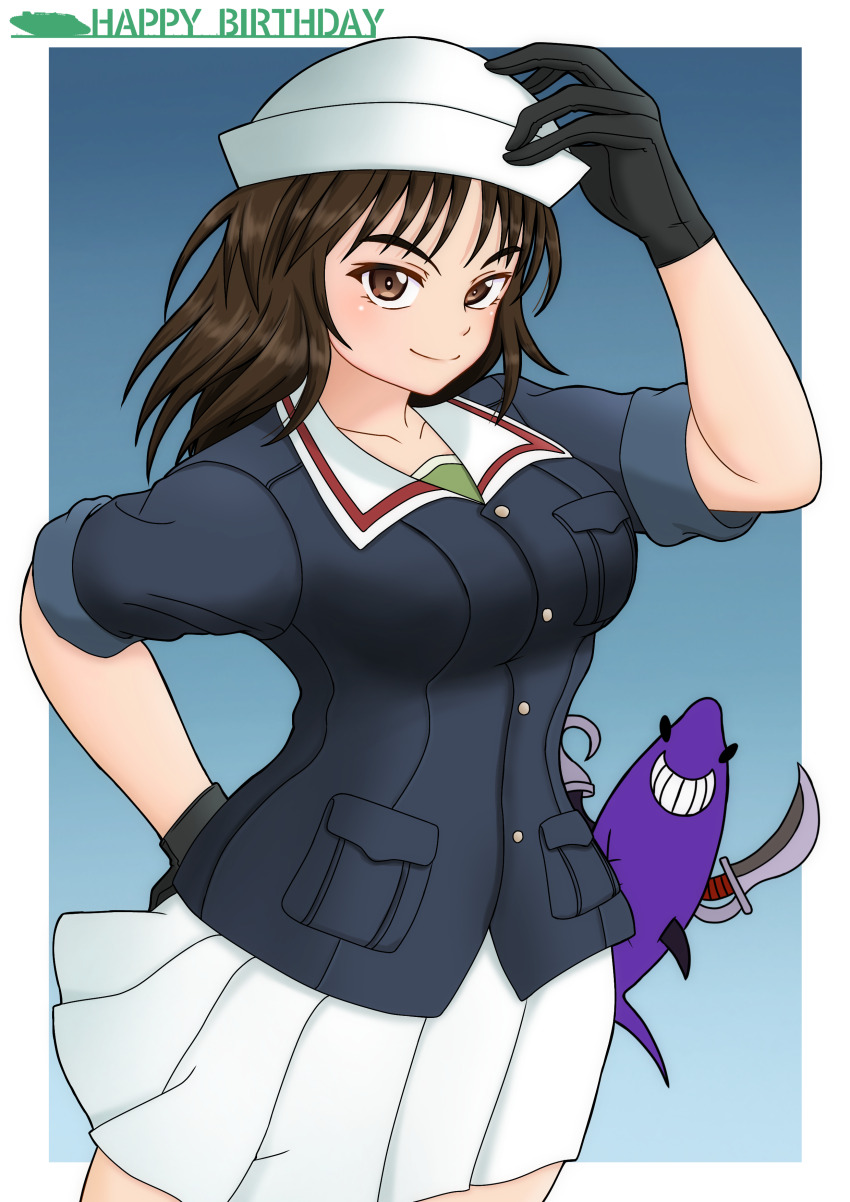 1girl absurdres adjusting_clothes adjusting_headwear amanone_yun birthday black_eyes black_gloves black_hair blue_background blue_jacket closed_mouth cowboy_shot dixie_cup_hat emblem english_text girls_und_panzer gloves green_undershirt hand_on_own_hip happy_birthday hat highres jacket long_hair long_sleeves looking_at_viewer military_hat military_uniform miniskirt murakami_(girls_und_panzer) ooarai_military_uniform pleated_skirt shark skirt sleeves_rolled_up smile solo standing undershirt white_hat white_skirt