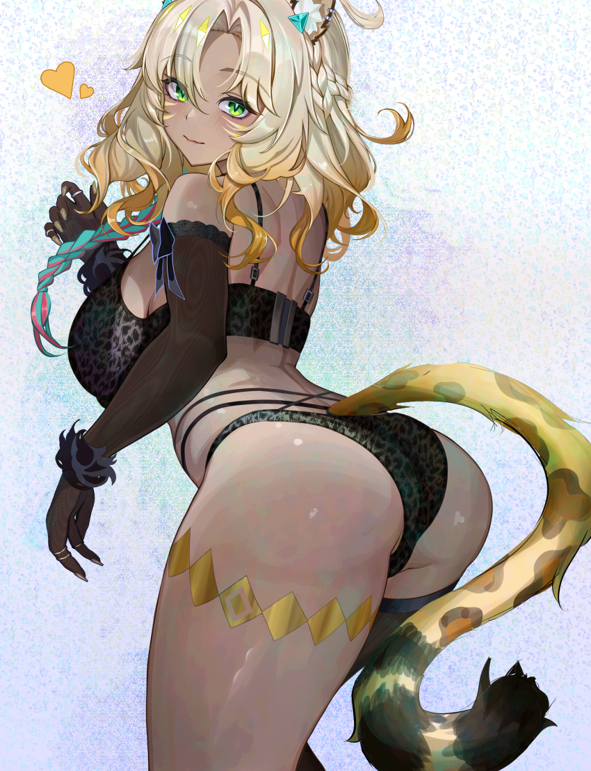 1girl absurdres animal_ears ass bare_shoulders black_bra black_gloves black_panties blonde_hair bra breasts closed_mouth elbow_gloves from_behind genshin_impact gloves green_eyes gurei_(streaper42846) heart highres large_breasts looking_at_viewer looking_back panties solo tail thighs underwear xilonen_(genshin_impact)