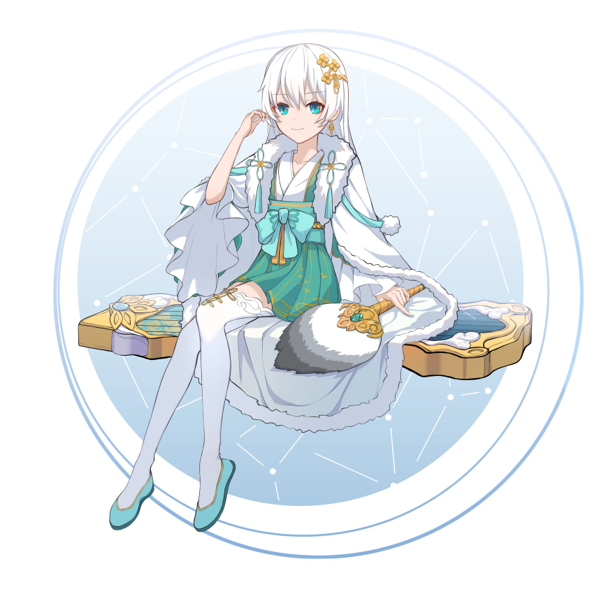1girl absurdres alternate_hairstyle blue_eyes blue_shorts cape chen_clear china_dress chinese_clothes closed_mouth dress earrings floating full_body guzheng hair_between_eyes hair_ornament hand_fan highres holding holding_fan honkai_(series) honkai_impact_3rd jewelry looking_at_viewer shorts single_earring sitting smile solo star_(sky) theresa_apocalypse zhuge_kongming_(honkai_impact) thighhighs white_background white_cape white_hair white_thighhighs zhuge_kongming_(honkai_impact)