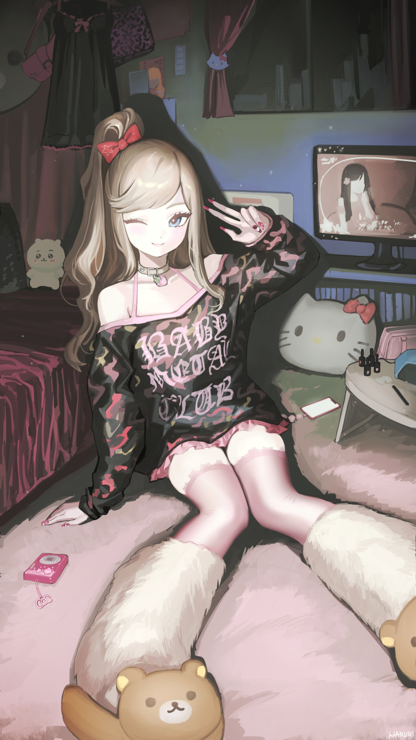 1girl absurdres animal_collar bare_shoulders bear_slippers black_shirt blonde_hair blue_eyes blush bow closed_mouth collar fingernails fur_socks gyaru hair_bow haruri high_ponytail highres indoors kneehighs long_fingernails long_hair looking_at_viewer off-shoulder_shirt off_shoulder on_floor one_eye_closed original pink_skirt pink_thighhighs ponytail red_bow red_nails shirt sidelocks sitting skirt smile socks solo strawberry_necklace thighhighs w white_socks
