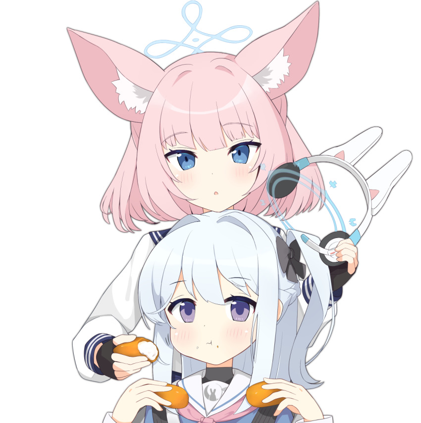 2girls aburaage aku_oribi animal_ears blue_archive blue_eyes blunt_bangs commentary_request eating fake_animal_ears food fox_ears grey_eyes grey_hair hair_between_eyes hair_ornament hair_scrunchie halo headset headset_removed highres holding holding_food long_hair long_sleeves looking_at_viewer miyako_(blue_archive) multiple_girls niko_(blue_archive) one_side_up parted_lips pink_hair rabbit_ears school_uniform scrunchie serafuku short_hair sidelocks simple_background white_background