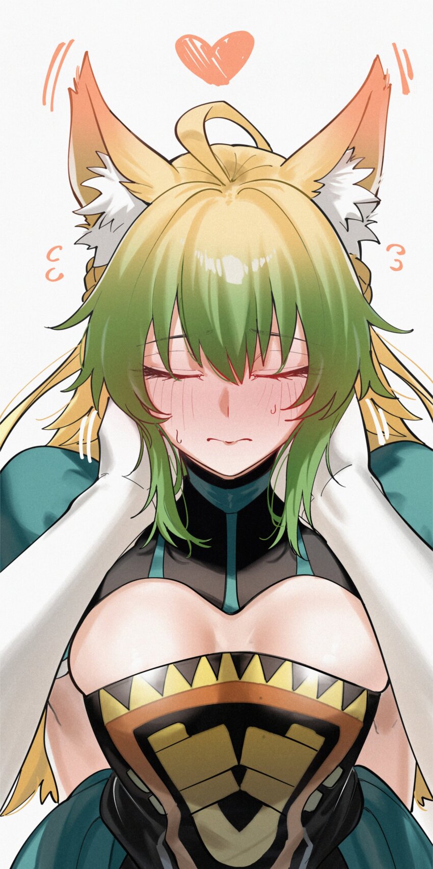 1girl 1other absurdres ahoge animal_ear_fluff arms_behind_back atalanta_(fate) blush breasts cleavage closed_eyes commentary dress elbow_gloves english_commentary fate/apocrypha fate_(series) full-face_blush gloves gradient_hair heart highres kamisato_sora long_hair multicolored_hair shy simple_background sweat very_long_hair white_background white_gloves