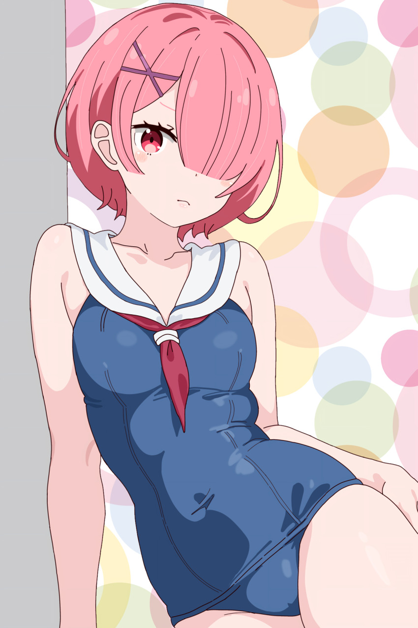 1girl blue_one-piece_swimsuit breasts hair_ornament hair_over_one_eye highres looking_at_viewer medium_breasts neckerchief nontraditional_school_swimsuit one-piece_swimsuit pink_hair ram_(re:zero) re:zero_kara_hajimeru_isekai_seikatsu red_neckerchief remnia sailor_collar sailor_one-piece_swimsuit school_swimsuit short_hair sitting solo swimsuit white_sailor_collar x_hair_ornament yokozuwari
