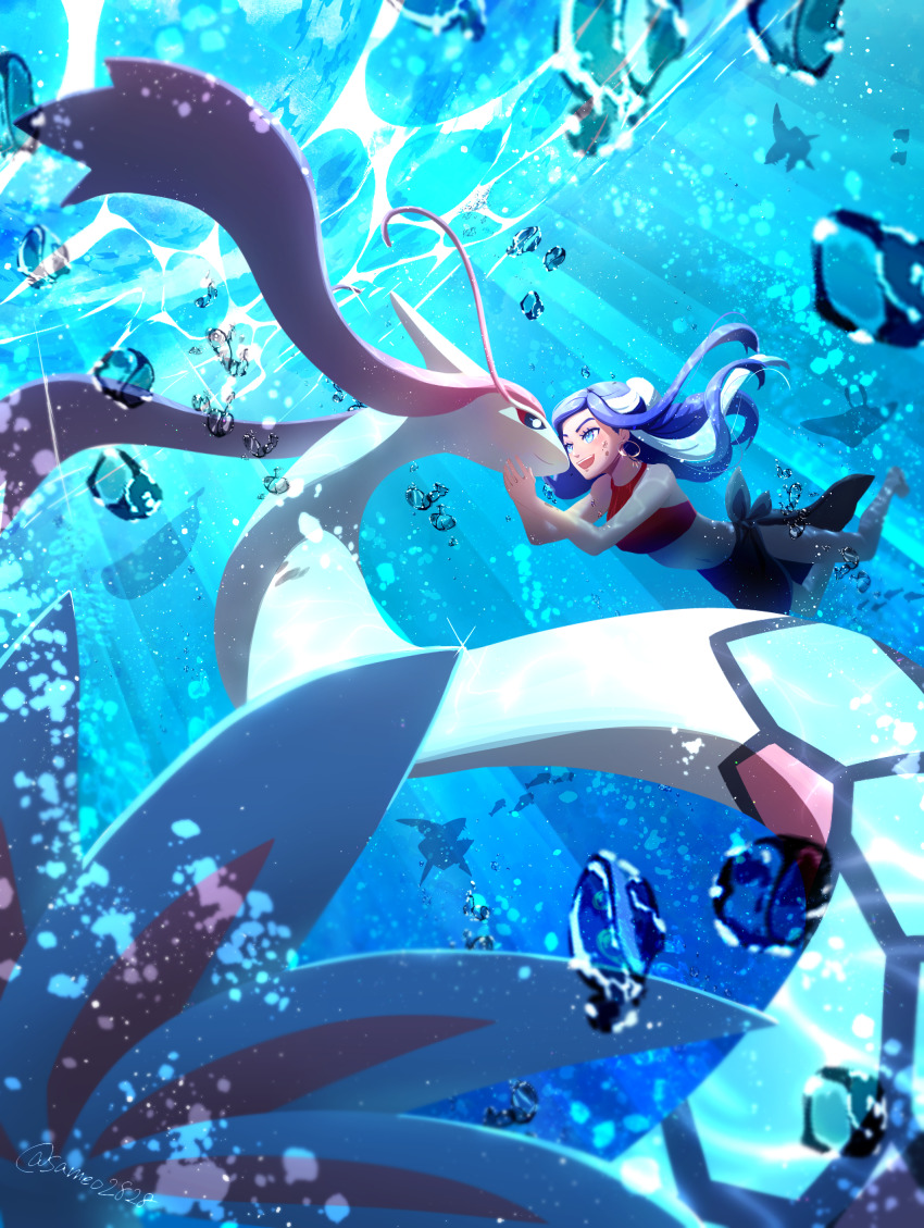 1girl absurdres bare_arms barefoot black_sarong blue_eyes blurry blush bubble commentary_request earrings eyelashes fingernails from_below gen_2_pokemon gen_3_pokemon gen_7_pokemon glint hair_bun highres jewelry light_beam long_hair mantine milotic multicolored_hair navel nessa_(pokemon) nintendo open_mouth pokemon pokemon:_twilight_wings pokemon_(creature) pokemon_swsh sameo2828 sarong sharpedo single_hair_bun smile sparkle teeth two-tone_hair underwater wailord wishiwashi wishiwashi_(solo)