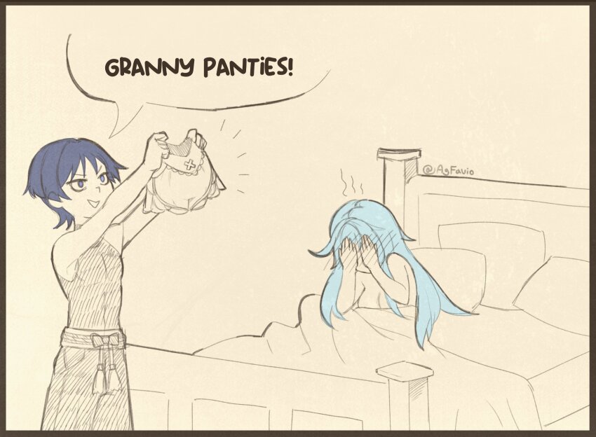 1boy 1girl agfavio ahoge alternate_hairstyle arms_up bed belt blue_hair blunt_ends blush bodysuit bow breasts covering_face cowlick embarrassed faruzan_(genshin_impact) full-face_blush genshin_impact hair_down hetero highres hip_vent holding holding_panties holding_underwear holding_unworn_clothes looking_at_panties medium_breasts on_bed open_mouth panties pillow purple_eyes purple_hair rope sash scaramouche_(genshin_impact) sepia shorts sidelocks sitting spot_color standing topless_female twitter_username under_covers underwear v-shaped_eyebrows wanderer_(genshin_impact)