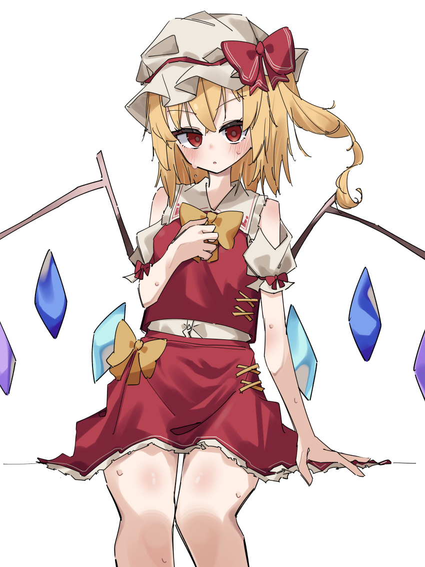 1girl absurdres ascot blonde_hair blush bow closed_mouth crystal feet_out_of_frame flandre_scarlet hair_between_eyes hat hat_ribbon highres looking_at_viewer miraruuts1231 mob_cap puffy_short_sleeves puffy_sleeves red_eyes red_skirt red_vest ribbon shirt short_hair short_sleeves side_ponytail simple_background sitting skirt solo sweat touhou vest white_background wings yellow_ascot