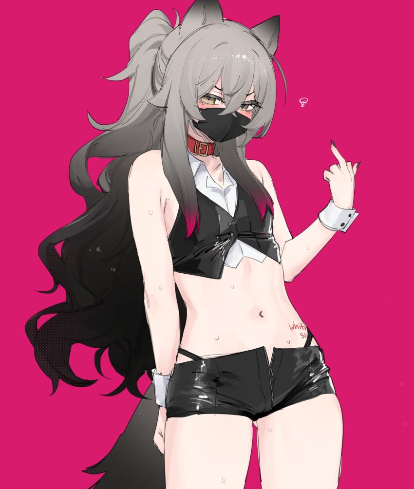 1girl absurdres black_mask black_panties black_shorts black_vest body_writing breasts brown_eyes collar collared_shirt crop_top cropped_vest degrees_of_lewdity grey_hair highres kai_(drakkai10) long_hair mask mouth_mask navel original panties panty_straps pink_hair ponytail red_collar shirt short_shorts shorts shoya_(kai_(drakkai10)) simple_background sleeveless sleeveless_shirt small_breasts underwear vest white_shirt white_wrist_cuffs wrist_cuffs