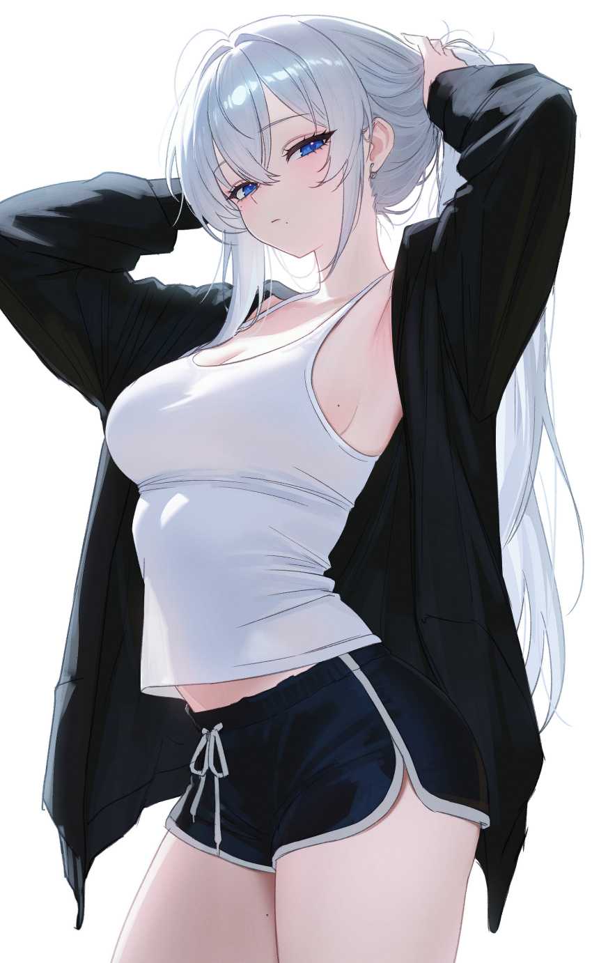 1girl absurdres arms_behind_head arms_up black_jacket black_shorts blue_eyes breasts camisole cleavage cowboy_shot dolphin_shorts drawstring earrings highres jacket jewelry long_hair long_sleeves looking_at_viewer medium_breasts midriff_peek mole mole_on_breast mole_on_thigh mole_under_eye mole_under_mouth mumu_muw off_shoulder open_clothes open_jacket original ponytail see-through_silhouette shirt shirt_overhang short_shorts shorts sideboob simple_background sleeveless sleeveless_shirt solo spaghetti_strap standing thighs tying_hair very_long_hair white_background white_hair white_shirt