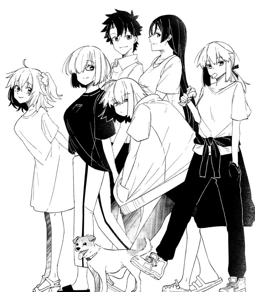 1boy 5girls ahoge alternate_costume animal arms_behind_back artoria_pendragon_(fate) clothes_around_waist contemporary crocs dog eating fate/grand_order fate_(series) fujimaru_ritsuka_(female) fujimaru_ritsuka_(male) greyscale hair_ornament hair_over_one_eye hair_scrunchie hands_in_pockets highres hood hoodie jack_russell_terrier jacket jeanne_d&#039;arc_alter_(fate) long_hair looking_at_viewer mash_kyrielight minamoto_no_raikou_(fate) monochrome multiple_girls nonoitou110 pants ponytail saber_alter scrunchie shirt shoes short_hair shorts side_ponytail sidelocks