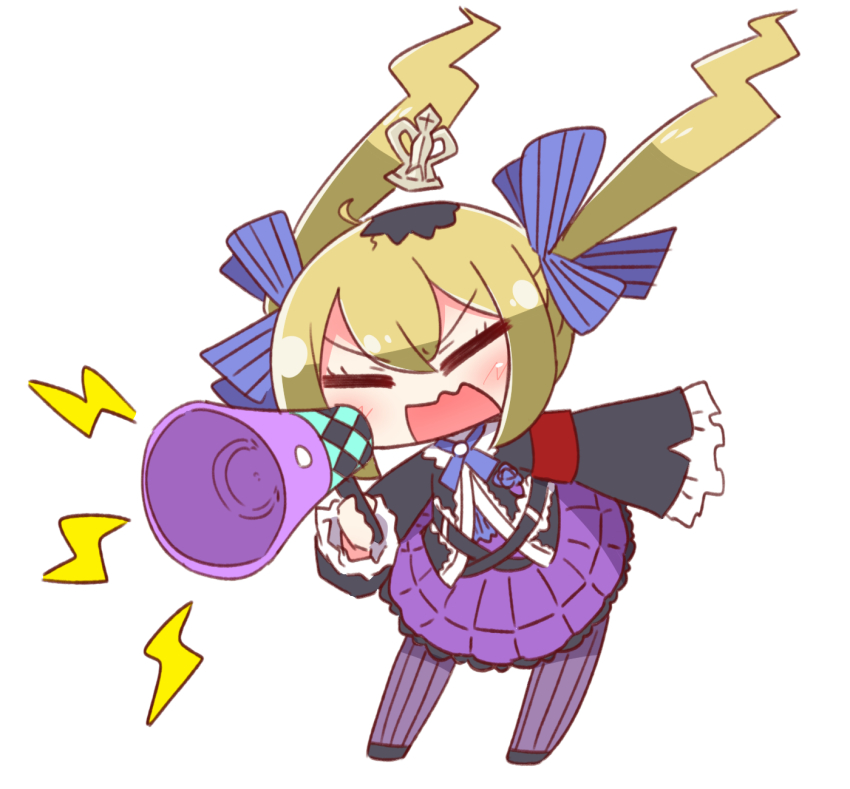 1girl 7th_dragon_(series) 7th_dragon_2020 7th_dragon_2020-ii black_footwear black_jacket blue_bow blush bow brown_hair chelsea_(7th_dragon) closed_eyes crown full_body hacker_(7th_dragon) hair_bow highres holding idol_(7th_dragon) jacket lightning_bolt_symbol long_hair long_sleeves megaphone mini_crown naga_u open_mouth pantyhose purple_pantyhose purple_skirt simple_background skirt sleeves_past_wrists solo standing striped_bow striped_clothes striped_pantyhose twintails v-shaped_eyebrows vertical-striped_clothes vertical-striped_pantyhose very_long_hair wavy_mouth white_background wide_sleeves