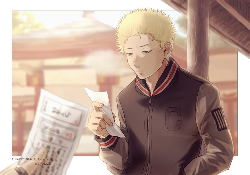1boy ahiru_no_sora architecture blonde_hair blurry blurry_background dated east_asian_architecture frown hanazono_momoharu hand_in_pocket jacket long_sleeves male_focus messy_hair outdoors solo_focus twitter_username upper_body uwoyuz
