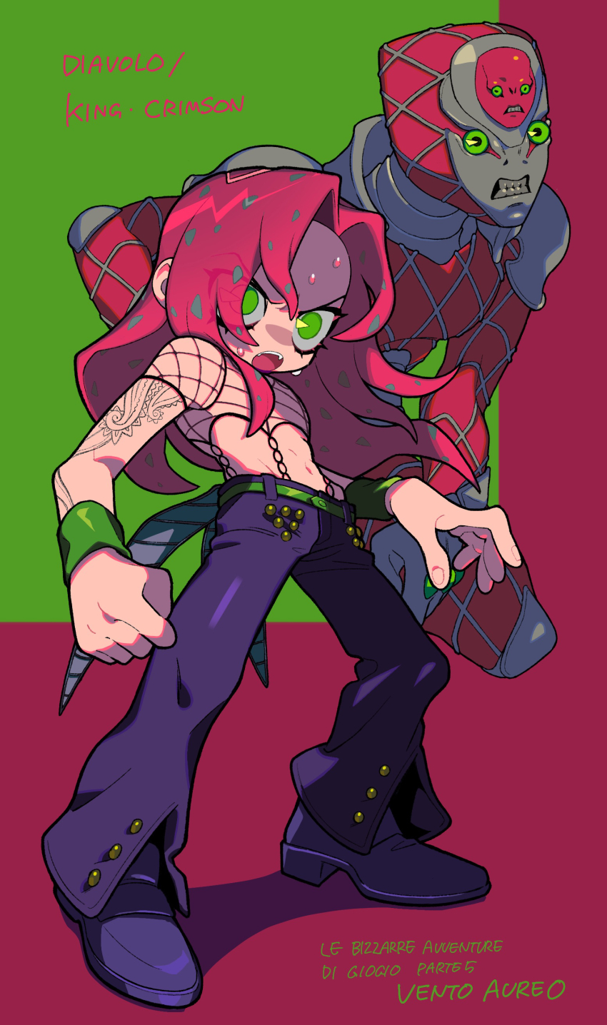2boys absurdres belt black_footwear c73an character_name copyright_name diavolo fishnet_top fishnets green_belt green_eyes grimace highres jojo_no_kimyou_na_bouken king_crimson_(stand) looking_at_viewer male_focus multiple_boys open_mouth pants pink_hair purple_pants stand_(jojo) sweatdrop two-tone_background vento_aureo