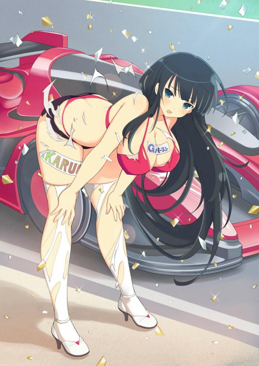 1girl artist_request ass back bent_over bikini black_eyes black_hair bra breasts butt_crack car cleavage confetti high_heels highres ikaruga_(senran_kagura) large_breasts long_hair looking_at_viewer motor_vehicle open_mouth outdoors panties racetrack ripped_bra ripped_thighhighs senran_kagura shoes solo standing swimsuit thighhighs thighs torn_clothes torn_legwear underwear vehicle vehicles very_long_hair white_thighhighs