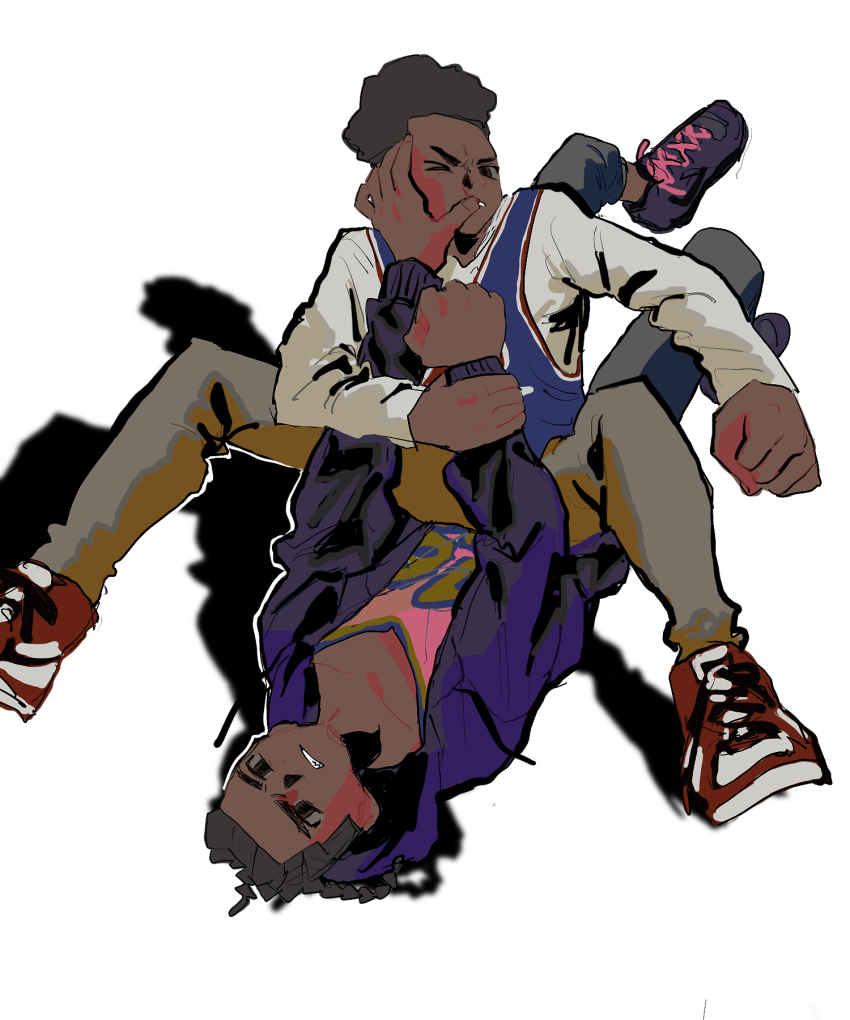 2boys black_hair braid brown_eyes clenched_hand commentary_request cornrows dark-skinned_male dark_skin dual_persona fighting highres jacket jersey lying male_focus marvel miles_g._morales miles_morales multiple_boys on_back one_eye_closed purple_jacket pushing_away shoes short_hair simple_background sitting sitting_on_person sneakers spider-man:_across_the_spider-verse spider-man_(series) spider-verse tami_tome_mo twin_braids very_short_hair white_background