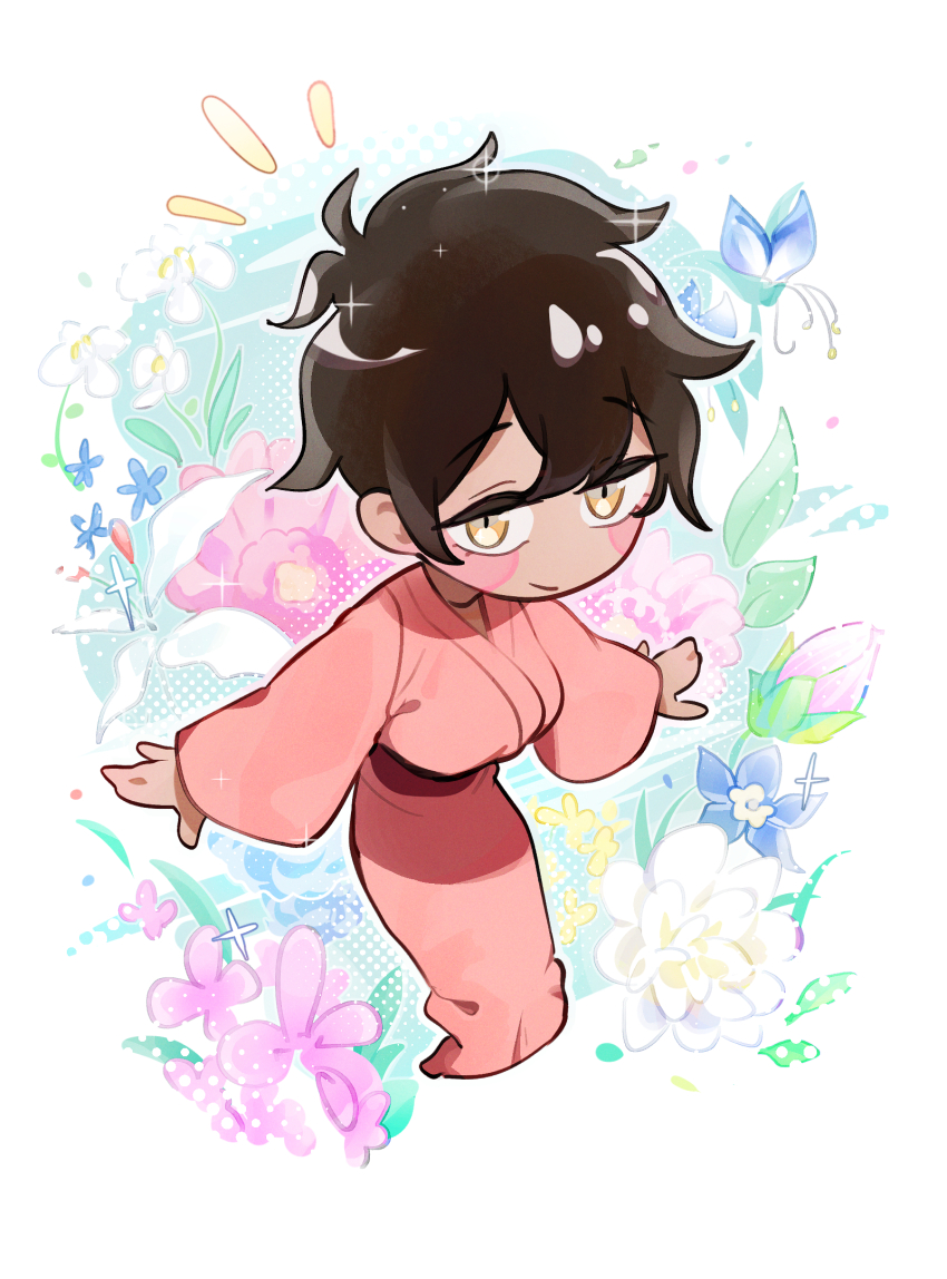 1girl blush_stickers breasts brown_hair chibi closed_mouth floral_background highres japanese_clothes kimono kurobe_natsumi large_breasts looking_at_viewer mo0o0rae obi outstretched_arms red_kimono red_sash sash senpai_ga_uzai_kouhai_no_hanashi short_hair solo spread_arms white_background yellow_eyes