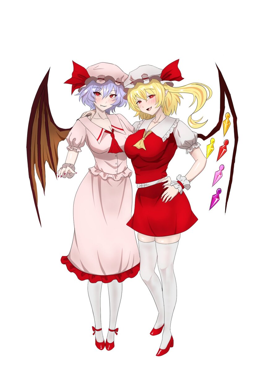 2girls aged_up arm_on_another&#039;s_shoulder ascot bat_wings blue_hair breasts dress elbow_gloves flandre_scarlet flat_chest frills gloves hair_between_eyes hat highres large_breasts looking_at_viewer merihari07 multiple_girls pink_dress puffy_short_sleeves puffy_sleeves red_eyes remilia_scarlet shirt short_hair short_sleeves simple_background skirt smile thick_thighs thighhighs thighs touhou white_background wings wrist_cuffs zettai_ryouiki