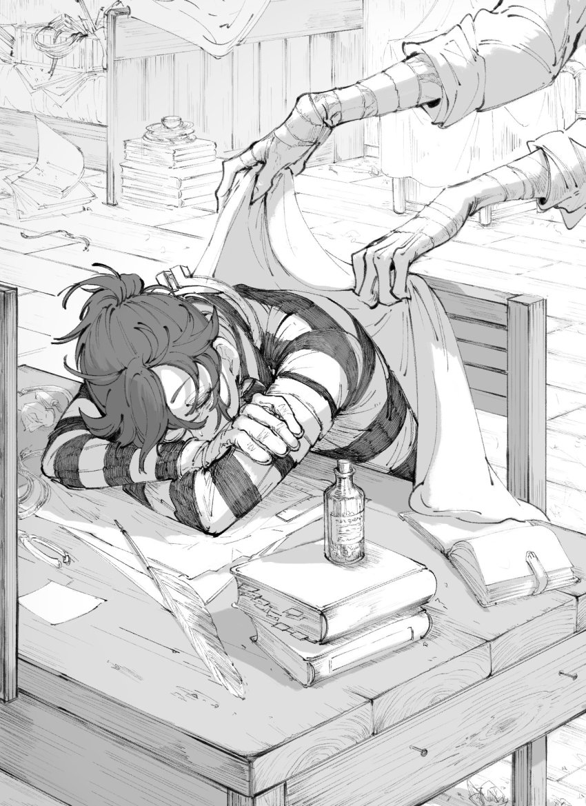 2boys alva_lorenz bandaged_arm bandages blanket book book_stack bottle box bububuki chair closed_eyes covering_with_blanket crying cup desk elbows_on_table gloves greyscale head_on_table highres holding holding_blanket identity_v indoors long_sleeves luca_balsa messy_room monochrome multiple_boys open_book paper paper_stack plate pliers ponytail quill ruler shirt short_hair sitting sleeping steel_square striped_clothes striped_shirt
