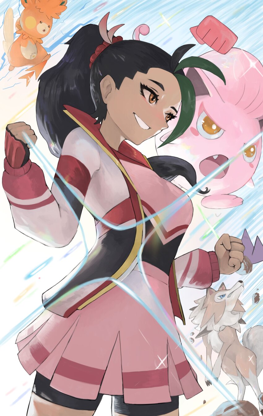1girl absurdres animal_ears bike_shorts_under_skirt black_hair blue_eyes blush blush_stickers brown_eyes clenched_hands electricity fangs gen_7_pokemon green_hair highres jacket jeredxd lycanroc lycanroc_(midday) multicolored_hair nemona_(pokemon) nemona_(sygna_suit)_(pokemon) nintendo open_clothes open_jacket pawmot pink_skirt pokemon pokemon_(creature) pokemon_masters_ex ponytail scream_tail skirt sparkle two-tone_hair wolf_ears yellow_eyes