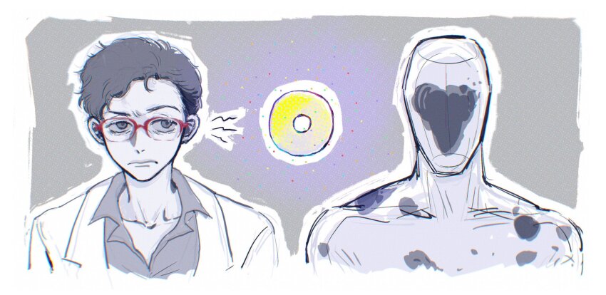 1boy airrrrrdy animification donut dr._jonathan_ohnn faceless food glasses highres lab_coat male_focus marvel red-framed_eyewear spider-man:_across_the_spider-verse spider-man_(series) spider-verse spot_(marvel)